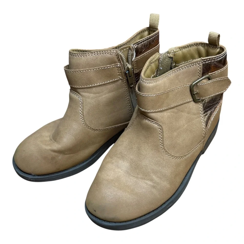 Carter's Kids Girls Tan Faux Leather Ankle Boots Side Zip Buckle Size‎ 1M